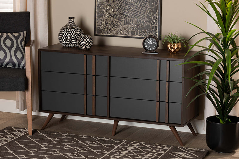 Baxton Studio Naoki Modern and Contemporary Two-Tone Grey and Walnut Finished Wood 6-Drawer Bedroom Dresser | Modishstore | Dressers