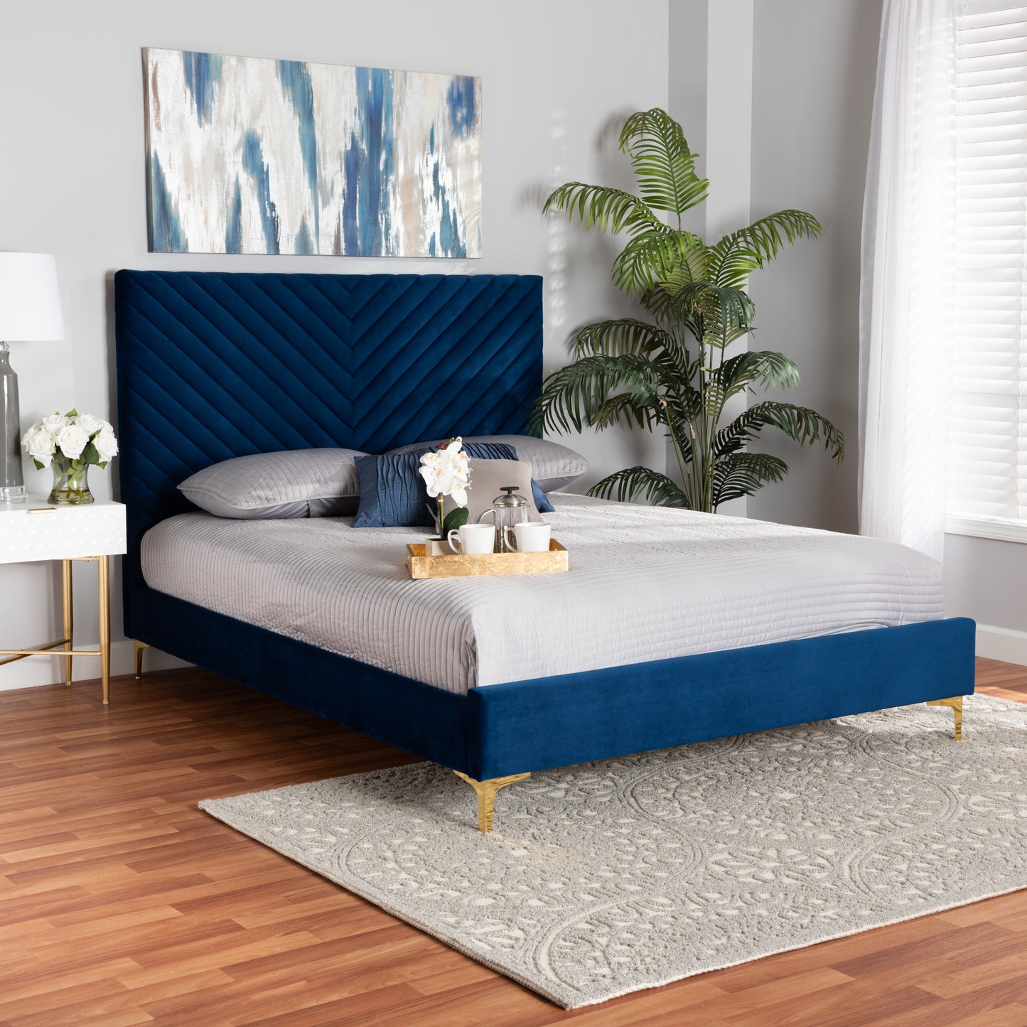 Baxton Studio Fabrico Contemporary Glam And Luxe Navy Blue Velvet Fabric Upholstered And Gold Metal Queen Size Platform Bed | Beds | Modishstore