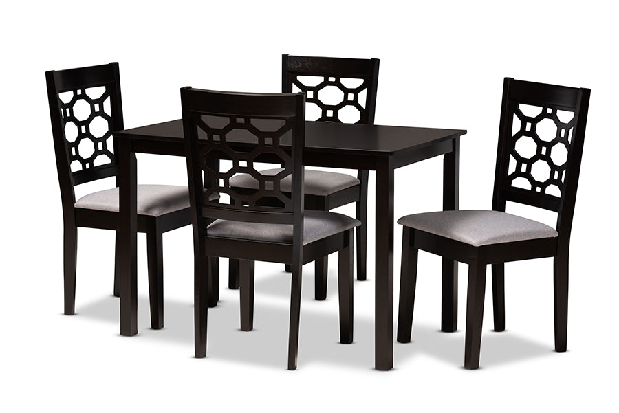 baxton studio henry modern and contemporary grey fabric upholstered and dark brown finished wood 5 piece dining set | Modish Furniture Store-2