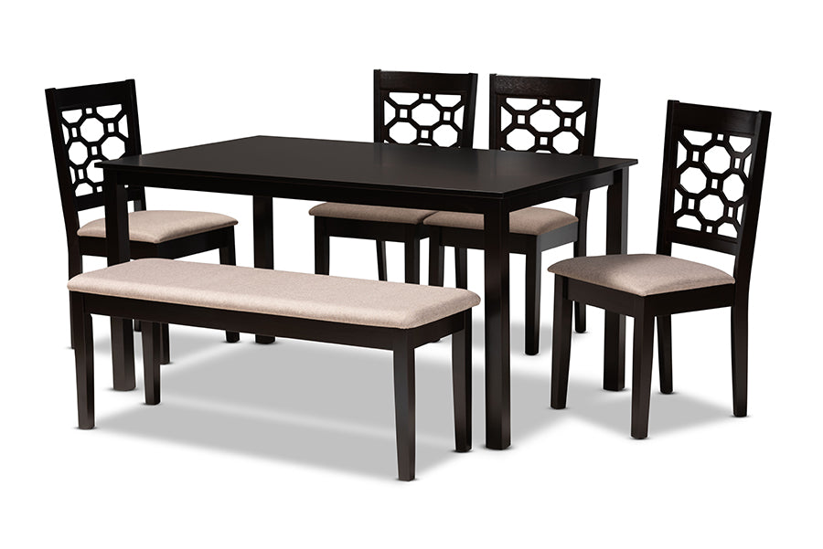baxton studio gabriel modern and contemporary sand fabric upholstered and dark brown finished wood 6 piece dining set | Modish Furniture Store-2