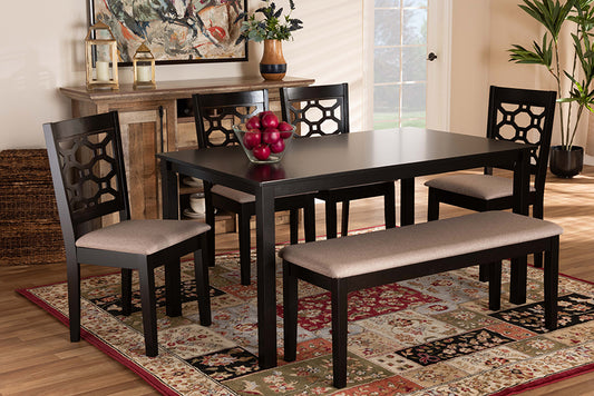 Baxton Studio Gabriel Modern and Contemporary Sand Fabric Upholstered and Dark Brown Finished Wood 6-Piece Dining Set | Modishstore | Dining Sets