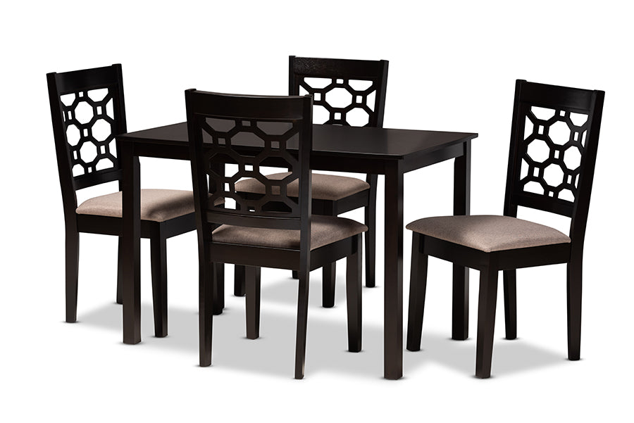 baxton studio henry modern and contemporary sand fabric upholstered and dark brown finished wood 5 piece dining set | Modish Furniture Store-2
