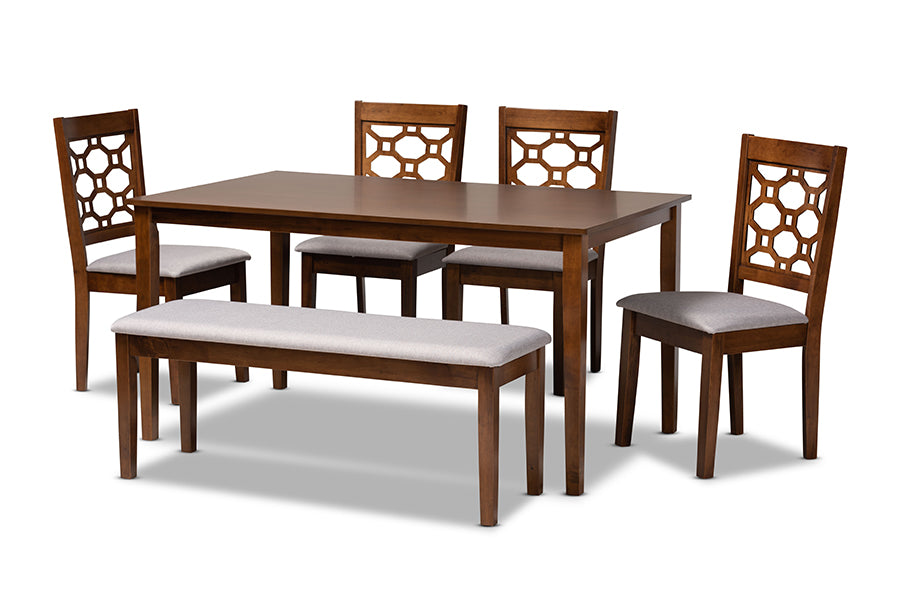 baxton studio gabriel modern and contemporary grey fabric upholstered and walnut brown finished wood 6 piece dining set | Modish Furniture Store-2