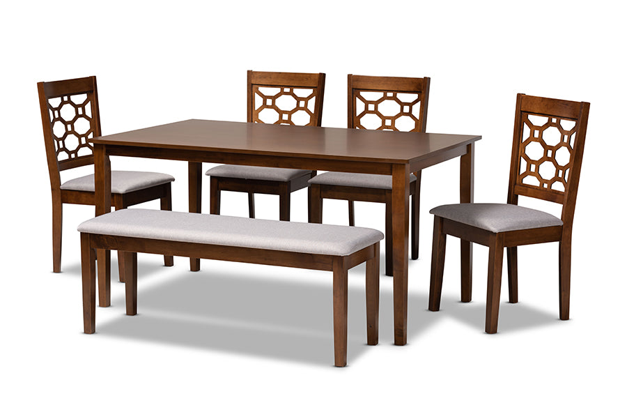 baxton studio gabriel modern and contemporary grey fabric upholstered and walnut brown finished wood 6 piece dining set | Modish Furniture Store-2