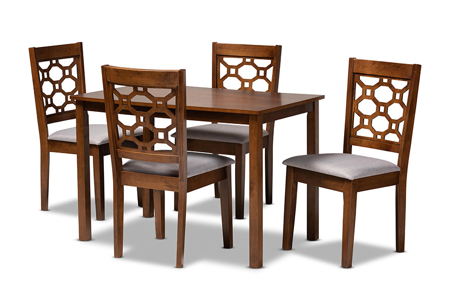 baxton studio henry modern and contemporary grey fabric upholstered and walnut brown finished wood 5 piece dining set | Modish Furniture Store-2