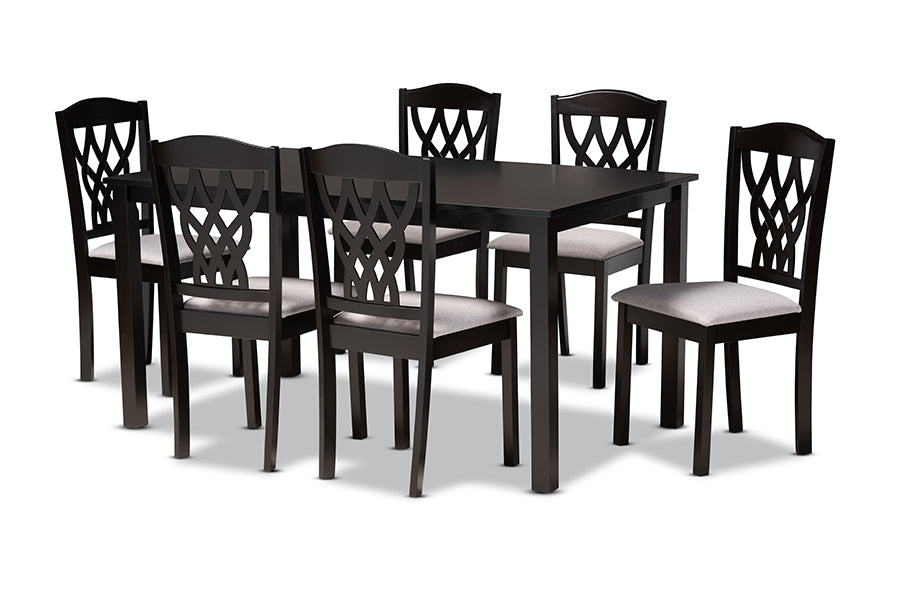 baxton studio salem modern and contemporary grey fabric upholstered and dark brown finished wood 7 piece dining set | Modish Furniture Store-2