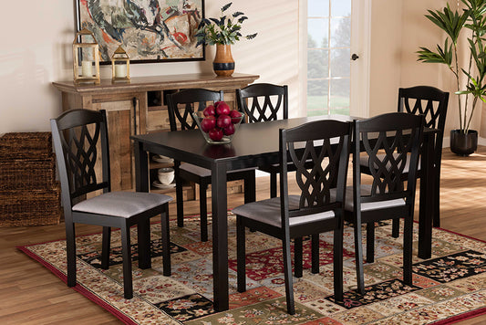 Baxton Studio Salem Modern and Contemporary Grey Fabric Upholstered and Dark Brown Finished Wood 7-Piece Dining Set | Modishstore | Dining Sets