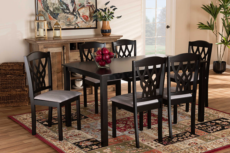 Baxton Studio Salem Modern and Contemporary Grey Fabric Upholstered and Dark Brown Finished Wood 7-Piece Dining Set | Modishstore | Dining Sets