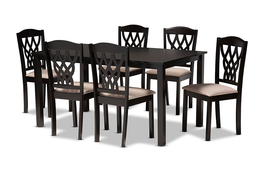 baxton studio salem modern and contemporary sand fabric upholstered and dark brown finished wood 7 piece dining set | Modish Furniture Store-2