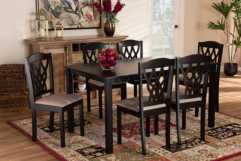 Baxton Studio Salem Modern and Contemporary Sand Fabric Upholstered and Dark Brown Finished Wood 7-Piece Dining Set | Modishstore | Dining Sets