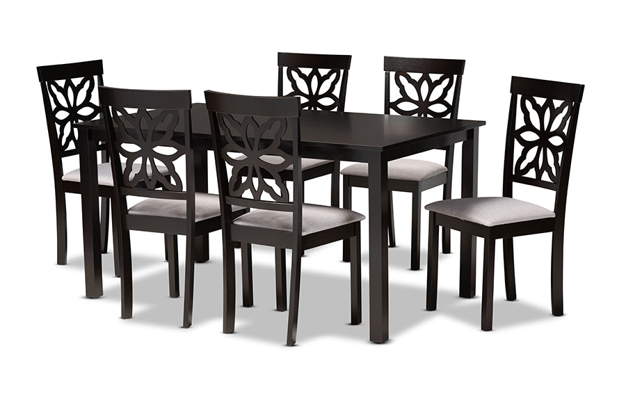 baxton studio dallas modern and contemporary grey fabric upholstered and dark brown finished wood 7 piece dining set | Modish Furniture Store-2