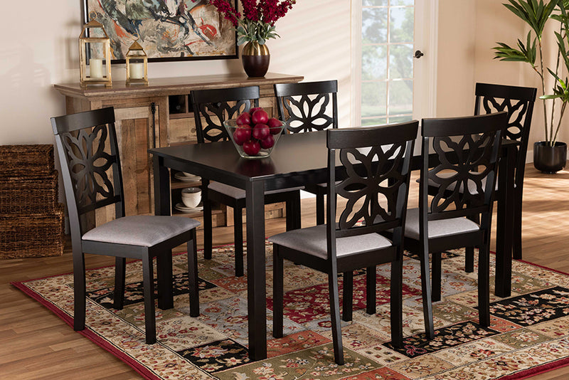 Baxton Studio Dallas Modern and Contemporary Grey Fabric Upholstered and Dark Brown Finished Wood 7-Piece Dining Set | Modishstore | Dining Sets