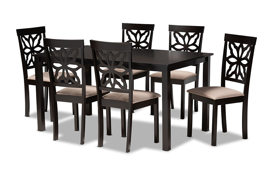 baxton studio dallas modern and contemporary sand fabric upholstered and dark brown finished wood 7 piece dining set | Modish Furniture Store-2