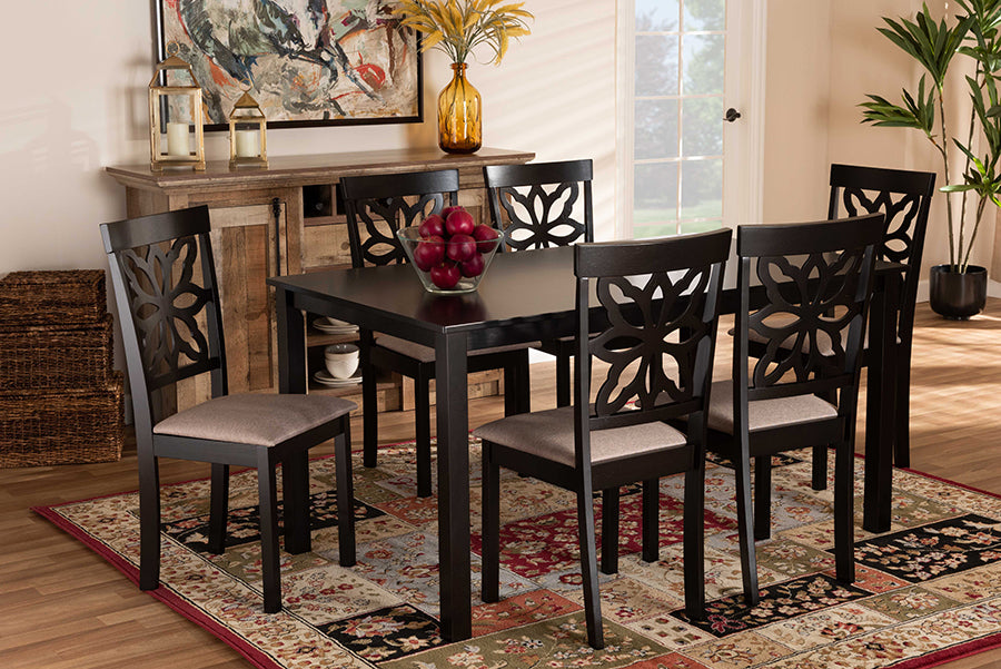Baxton Studio Dallas Modern and Contemporary Sand Fabric Upholstered and Dark Brown Finished Wood 7-Piece Dining Set | Modishstore | Dining Sets