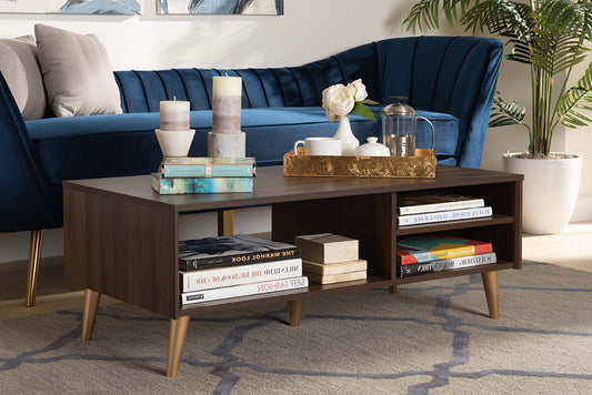 Baxton Studio Landen Mid-Century Modern Walnut Brown and Gold Finished Wood Coffee Table | Modishstore | Coffee Tables