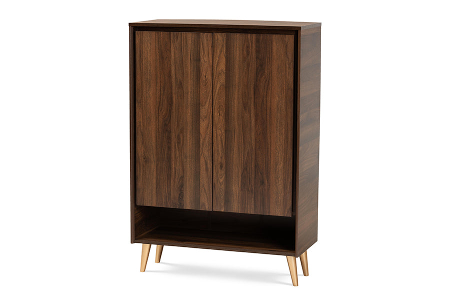 baxton studio landen mid century modern walnut brown and gold finished wood 2 door entryway shoe storage cabinet | Modish Furniture Store-2