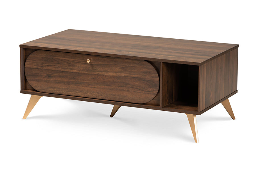 baxton studio edel mid century modern walnut brown and gold finished wood coffee table | Modish Furniture Store-2
