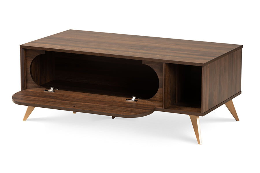 baxton studio edel mid century modern walnut brown and gold finished wood coffee table | Modish Furniture Store-3