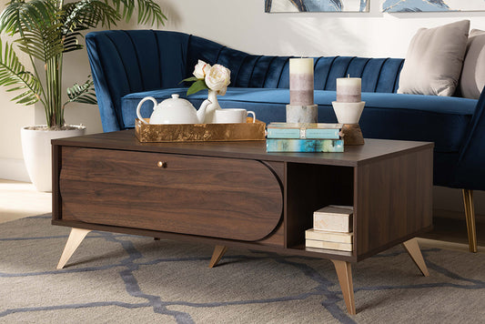 Baxton Studio Edel Mid-Century Modern Walnut Brown and Gold Finished Wood Coffee Table | Modishstore | Coffee Tables