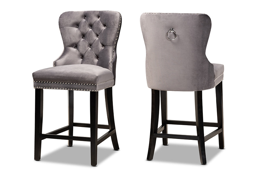 baxton studio howell modern transitional grey velvet upholstered and dark brown finished wood 2 piece counter stool set | Modish Furniture Store-2