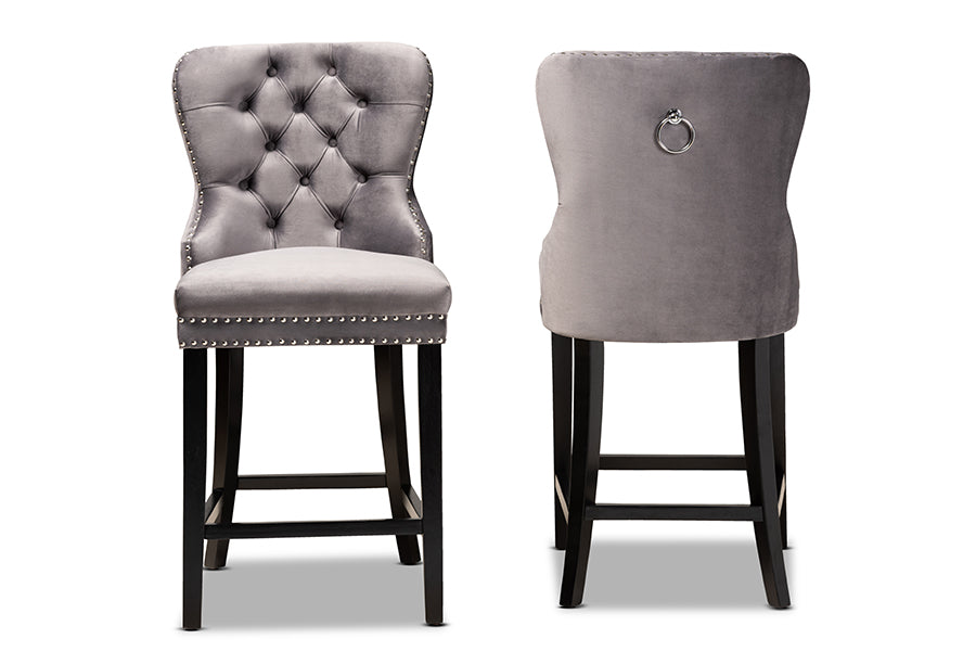 baxton studio howell modern transitional grey velvet upholstered and dark brown finished wood 2 piece counter stool set | Modish Furniture Store-3