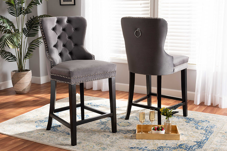 Baxton Studio Howell Modern Transitional Grey Velvet Upholstered and Dark Brown Finished Wood 2-Piece Counter Stool Set | Modishstore | Counter Stools