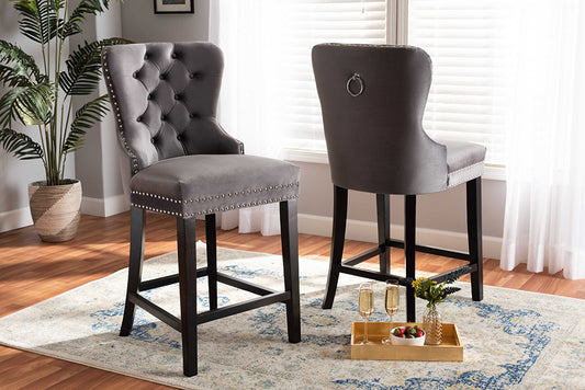 Baxton Studio Howell Modern Transitional Grey Velvet Upholstered and Dark Brown Finished Wood 2-Piece Counter Stool Set | Modishstore | Counter Stools