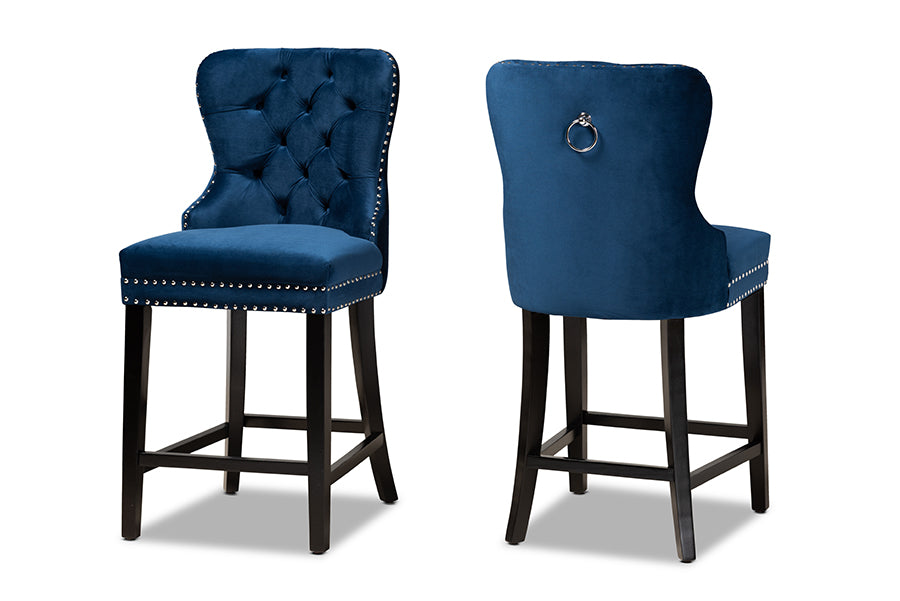 baxton studio howell modern transitional navy blue velvet upholstered and dark brown finished wood 2 piece counter stool set | Modish Furniture Store-2