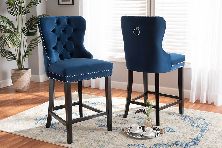 Baxton Studio Howell Modern Transitional Navy Blue Velvet Upholstered and Dark Brown Finished Wood 2-Piece Counter Stool Set | Modishstore | Counter Stools