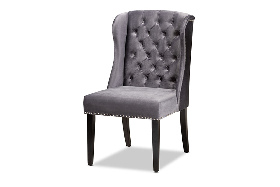Baxton Studio Lamont Modern Contemporary Transitional Grey Velvet Fabric Upholstered and Dark Brown Finished Wood Wingback Dining Chair | Modishstore | Dining Chairs - 4