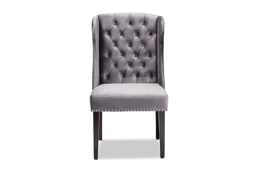 Baxton Studio Lamont Modern Contemporary Transitional Grey Velvet Fabric Upholstered and Dark Brown Finished Wood Wingback Dining Chair | Modishstore | Dining Chairs - 3