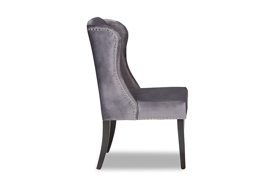 Baxton Studio Lamont Modern Contemporary Transitional Grey Velvet Fabric Upholstered and Dark Brown Finished Wood Wingback Dining Chair | Modishstore | Dining Chairs - 2