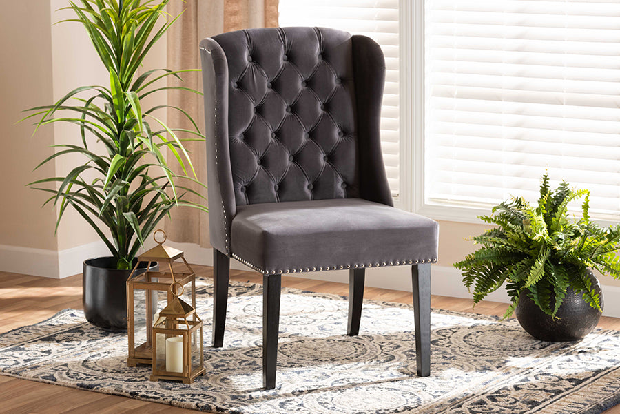 Baxton Studio Lamont Modern Contemporary Transitional Grey Velvet Fabric Upholstered and Dark Brown Finished Wood Wingback Dining Chair | Modishstore | Dining Chairs