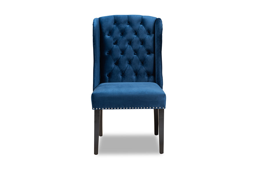 Baxton Studio Lamont Modern Contemporary Transitional Navy Blue Velvet Fabric Upholstered and Dark Brown Finished Wood Wingback Dining Chair | Modishstore | Dining Chairs - 3