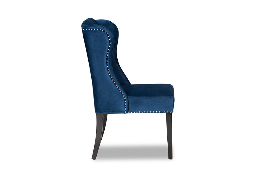 Baxton Studio Lamont Modern Contemporary Transitional Navy Blue Velvet Fabric Upholstered and Dark Brown Finished Wood Wingback Dining Chair | Modishstore | Dining Chairs - 2