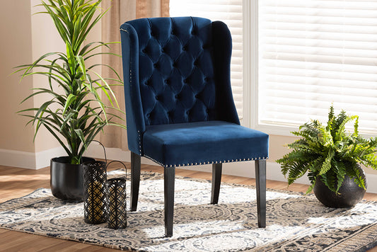 Baxton Studio Lamont Modern Contemporary Transitional Navy Blue Velvet Fabric Upholstered and Dark Brown Finished Wood Wingback Dining Chair | Modishstore | Dining Chairs