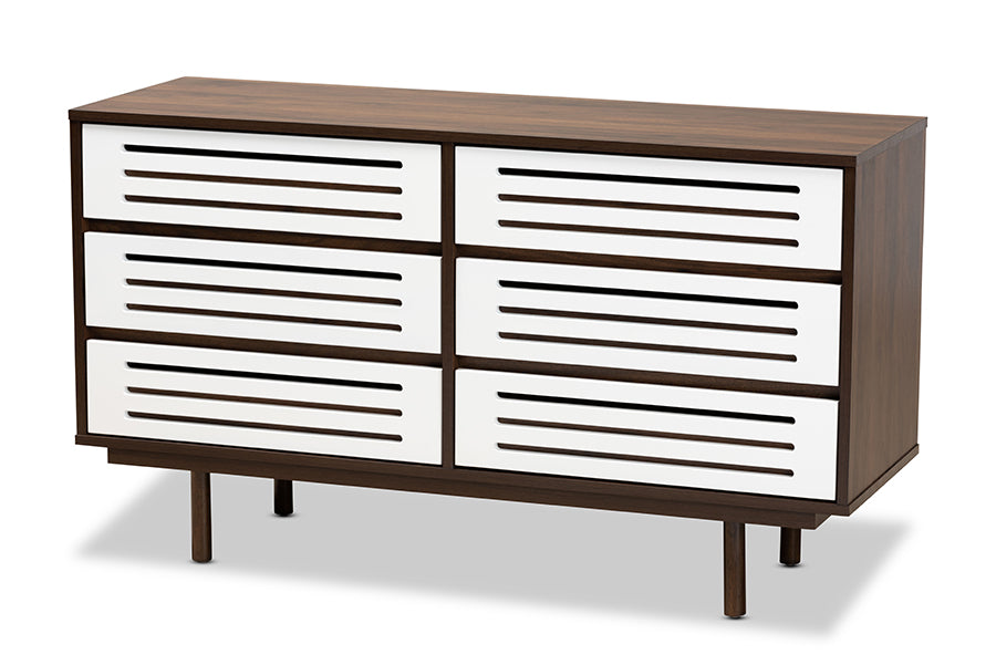 baxton studio meike mid century modern two tone walnut brown and white finished wood 6 drawer dresser | Modish Furniture Store-2