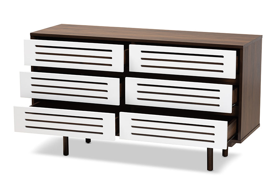baxton studio meike mid century modern two tone walnut brown and white finished wood 6 drawer dresser | Modish Furniture Store-3