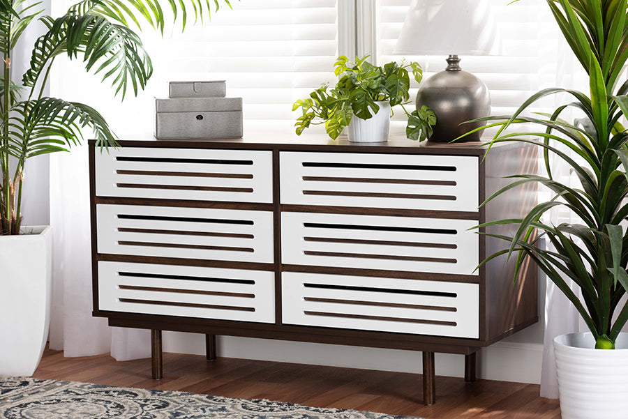 Baxton Studio Meike Mid-Century Modern Two-Tone Walnut Brown and White Finished Wood 6-Drawer Dresser | Modishstore | Dressers