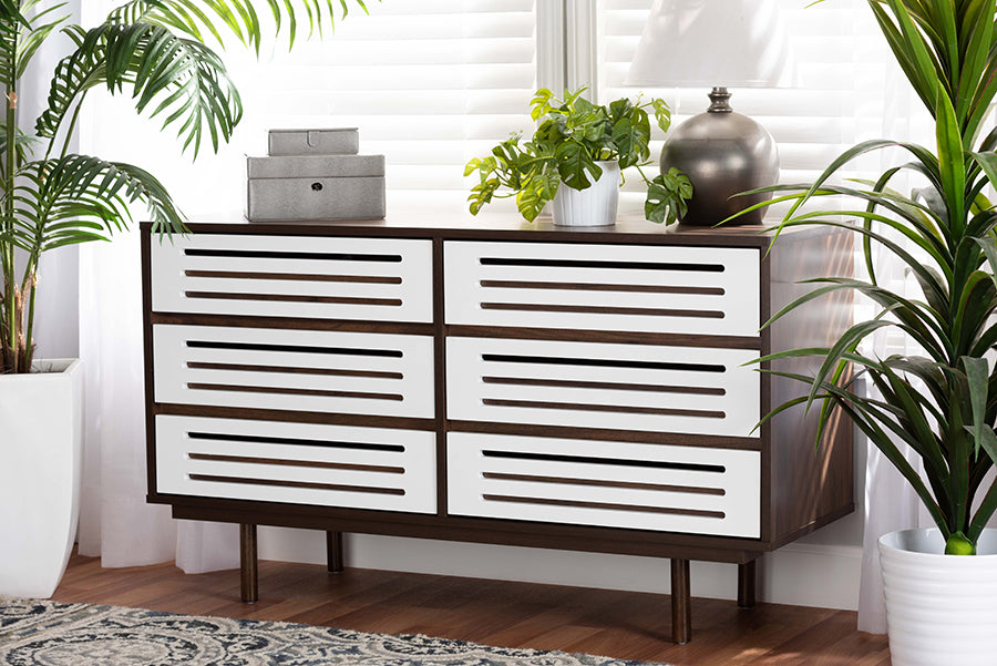 Baxton Studio Meike Mid-Century Modern Two-Tone Walnut Brown and White  Finished Wood 6-Drawer Dresser