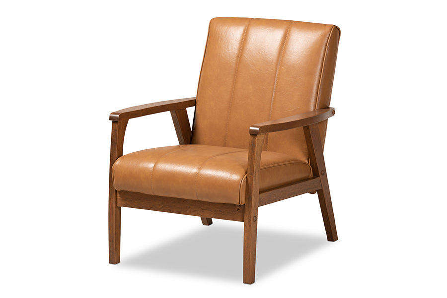 baxton studio nikko mid century modern tan faux leather upholstered and walnut brown finished wood lounge chair | Modish Furniture Store-2