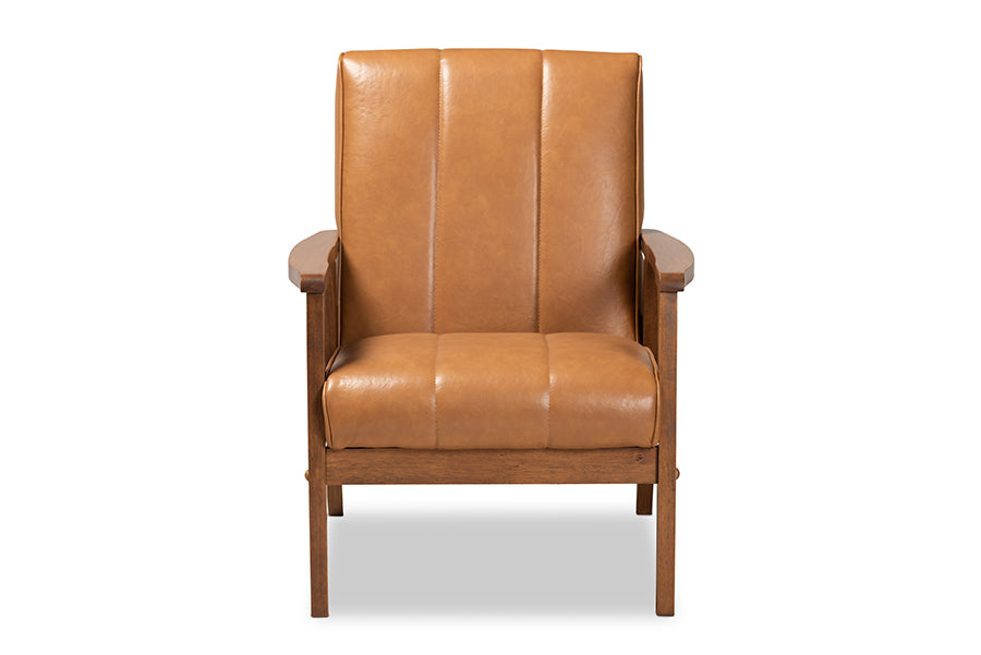 baxton studio nikko mid century modern tan faux leather upholstered and walnut brown finished wood lounge chair | Modish Furniture Store-3