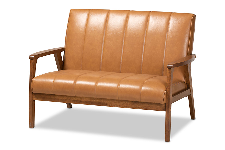 baxton studio nikko mid century modern tan faux leather upholstered and walnut brown finished wood loveseat | Modish Furniture Store-2