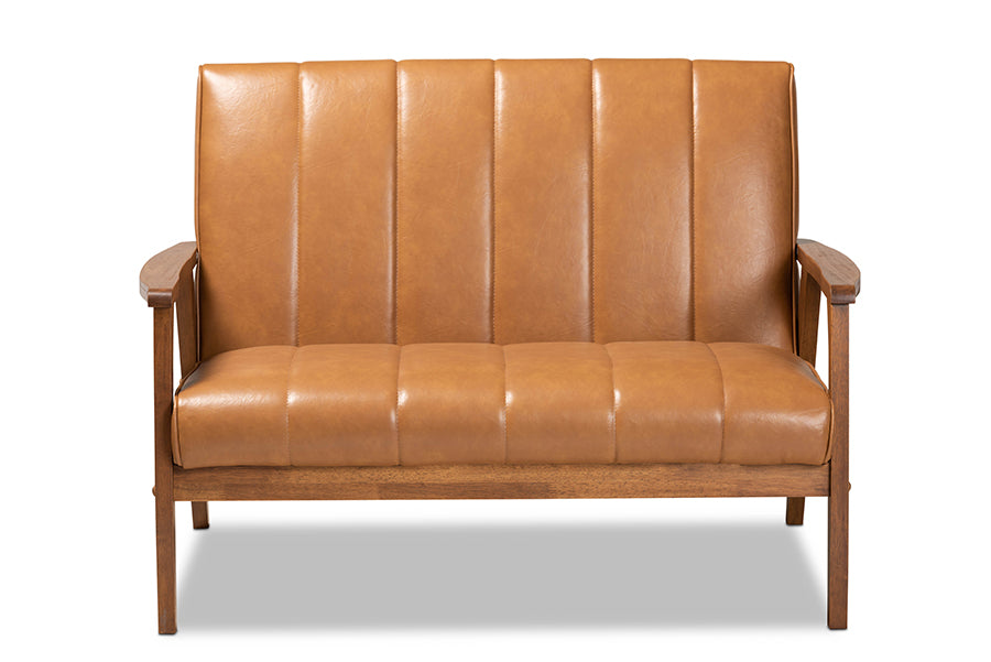 baxton studio nikko mid century modern tan faux leather upholstered and walnut brown finished wood loveseat | Modish Furniture Store-3