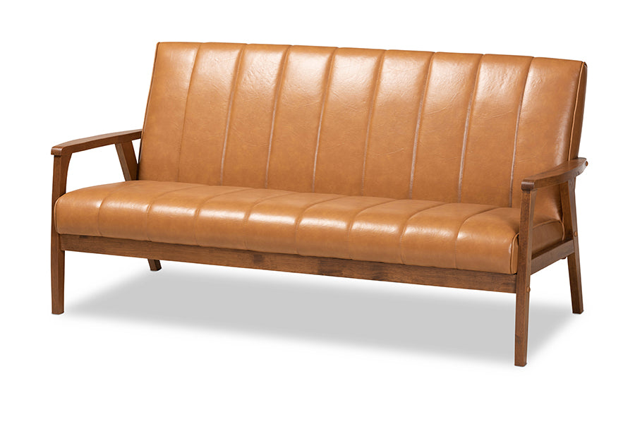 baxton studio nikko mid century modern tan faux leather upholstered and walnut brown finished wood sofa | Modish Furniture Store-2