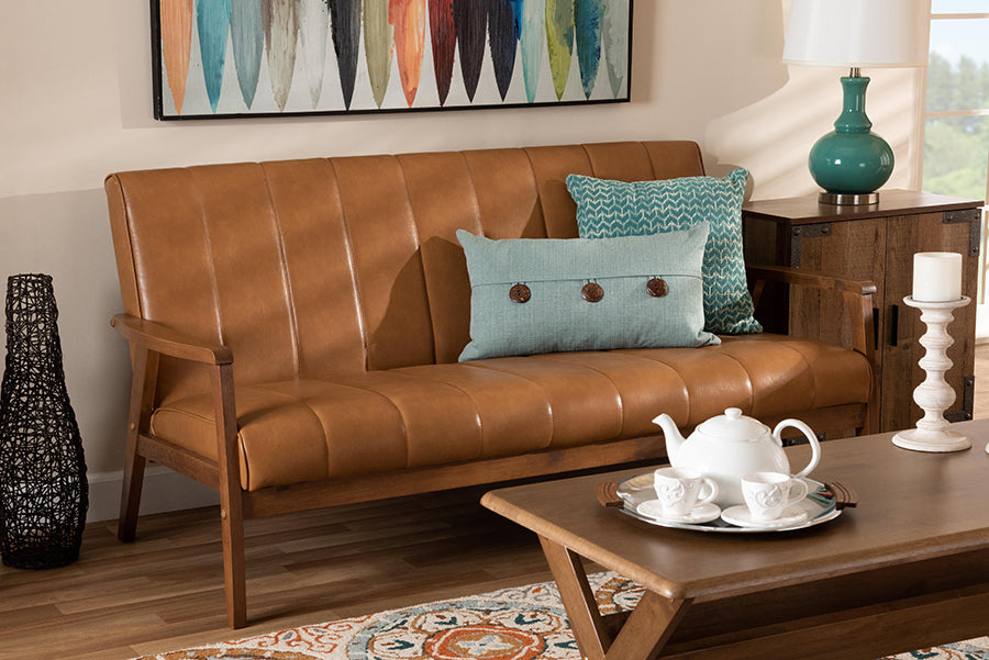 Baxton Studio Nikko Mid-century Modern Tan Faux Leather Upholstered and Walnut Brown finished Wood Sofa | Modishstore | Sofas