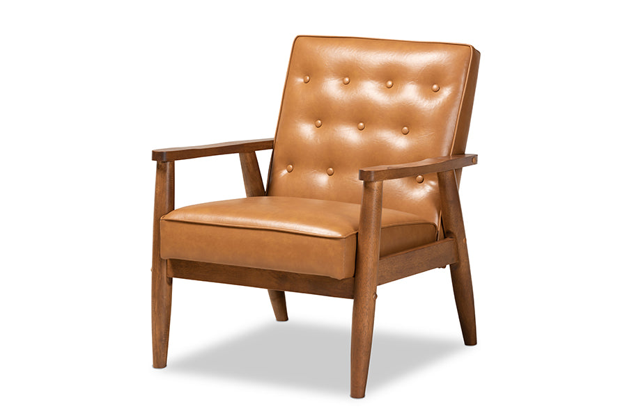 baxton studio sorrento mid century modern tan faux leather upholstered and walnut brown finished wood lounge chair | Modish Furniture Store-2