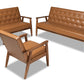 baxton studio sorrento mid century modern tan faux leather upholstered and walnut brown finished wood 3 piece living room set | Modish Furniture Store-2
