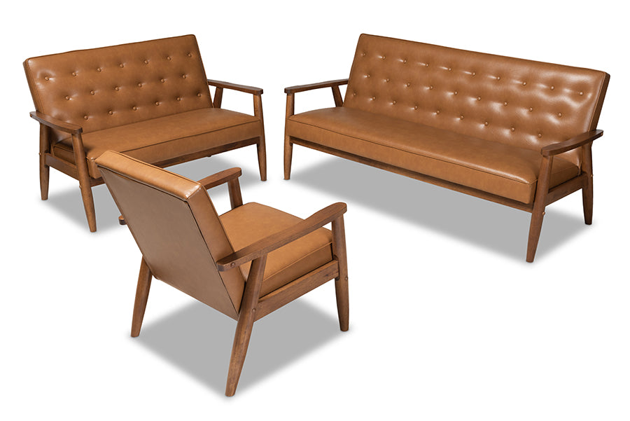 baxton studio sorrento mid century modern tan faux leather upholstered and walnut brown finished wood 3 piece living room set | Modish Furniture Store-2
