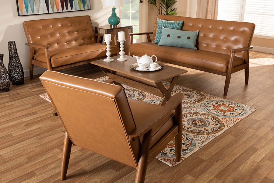 Baxton Studio Sorrento Mid-Century Modern Tan Faux Leather Upholstered and Walnut Brown Finished Wood 3-Piece Living Room Set | Modishstore | Sofas